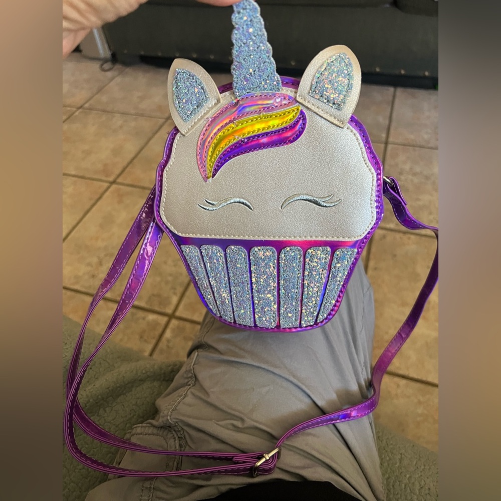 Girls' Purple Unicorn Cupcake Crossbody Bag - Cute Glitter Kids Bag